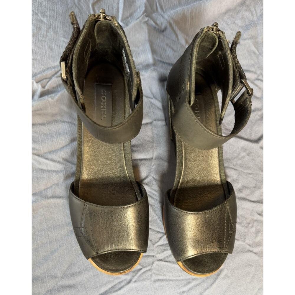 Sorel Joanie Wedge Sandals Size 7.5 Black Leather Open Toe - Picture 6 of 7